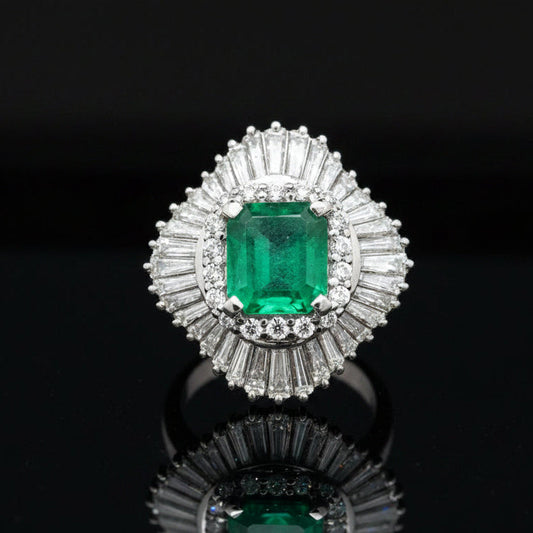 Estate Modern Fine Colombia Emerald (GIA) and Diamond Platinum Ring