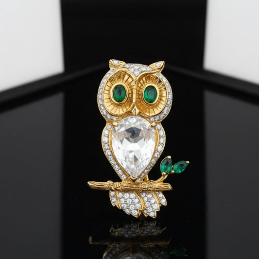 Vintage 1970's 18k Gold Diamond Owl Brooch with Emerald Eyes & Rock Crystal Body
