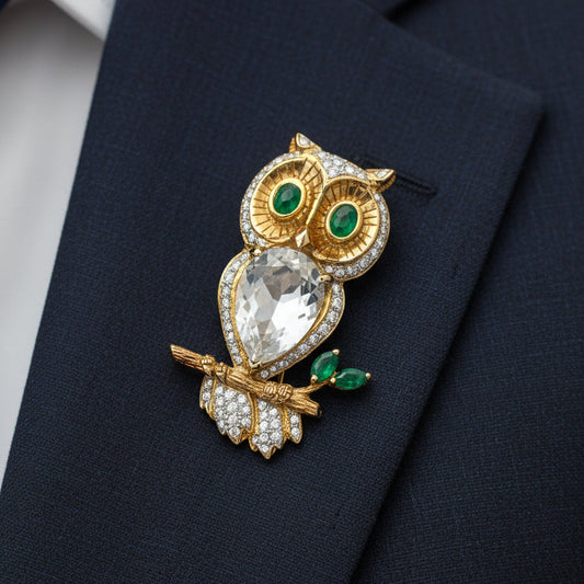 Vintage 1970's 18k Gold Diamond Owl Brooch with Emerald Eyes & Rock Crystal Body