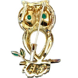 Vintage 1970's 18k Gold Diamond Owl Brooch with Emerald Eyes & Rock Crystal Body