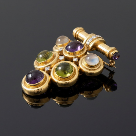 Italian Modern 1980's Geometric Diamond Amethyst, Peridot, Citrine 18k Yellow Gold Brooch