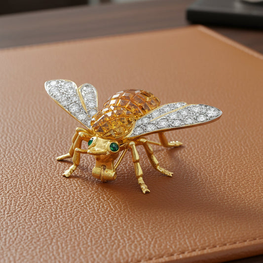 Modern 1980's Yellow Sapphire and Diamond 18Kt Yellow Gold Bee Brooch