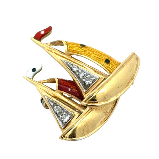 Estate Diamond and Enamel 18Kt Yellow/White Gold Sailboat Brooch