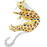 Modern 1980's 18K White, Yellow Gold, Diamond, Emerald, Enamel Leopard Brooch