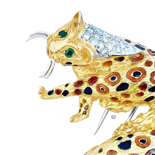 Modern 1980's 18K White, Yellow Gold, Diamond, Emerald, Enamel Leopard Brooch
