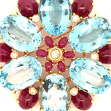 Italian-Modern 1980's 18K Yellow Gold, Blue Topaz, Ruby, Diamond Pendant/Brooch