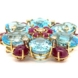 Italian-Modern 1980's 18K Yellow Gold, Blue Topaz, Ruby, Diamond Pendant/Brooch
