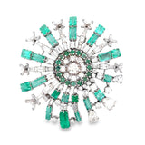 Mid Century 1960's Modern 14kt White Gold Emerald and Diamond Starburst Brooch