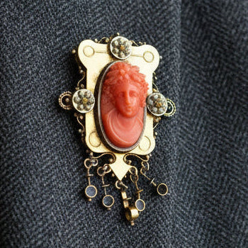 Victorian 1890 14K Yellow Gold Carved Coral Cameo Brooch with Dangle Fringe