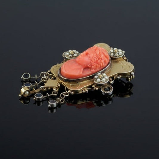 Victorian 1890 14K Yellow Gold Carved Coral Cameo Brooch with Dangle Fringe