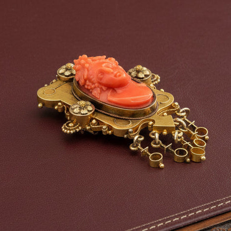 Victorian 1890 14K Yellow Gold Carved Coral Cameo Brooch with Dangle Fringe