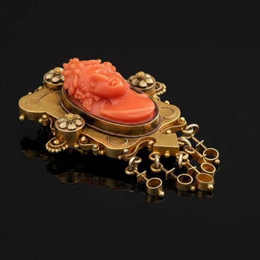 Victorian 1890 14K Yellow Gold Carved Coral Cameo Brooch with Dangle Fringe