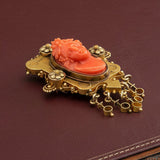 Victorian 1890 14K Yellow Gold Carved Coral Cameo Brooch with Dangle Fringe