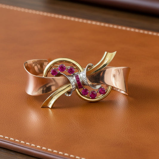 Retro 1940's 14K White, Rose and Yellow Gold, Ruby Diamond Box Brooch