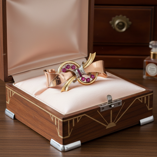 Retro 1940's 14K White, Rose and Yellow Gold, Ruby Diamond Box Brooch