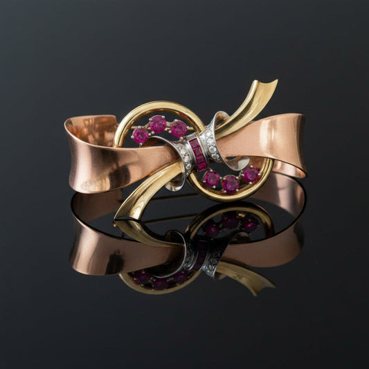 Retro 1940's 14K White, Rose and Yellow Gold, Ruby Diamond Box Brooch