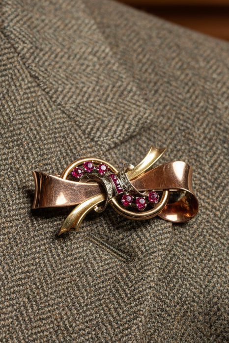 Retro 1940's 14K White, Rose and Yellow Gold, Ruby Diamond Box Brooch