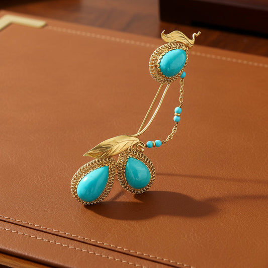 MidCentury Modern Turquoise 18K Yellow Gold Brooch