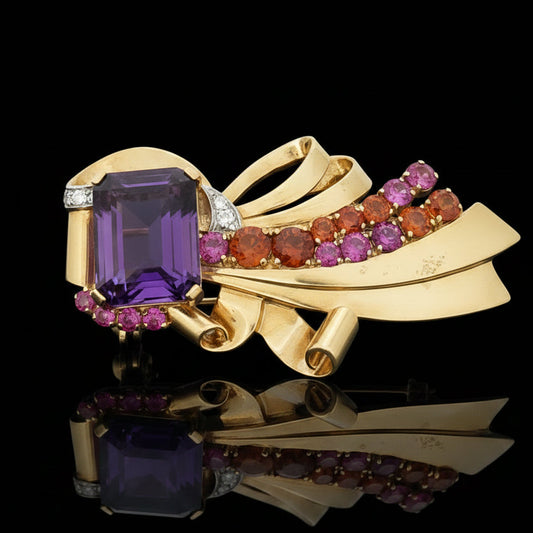 Italian Modern 1960's Amethyst, Diamond, Pink Sapphire, Garnet 14K White, Yellow, Rose Gold Brooch
