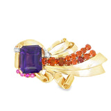 Italian Modern 1960's Amethyst, Diamond, Pink Sapphire, Garnet 14K White, Yellow, Rose Gold Brooch