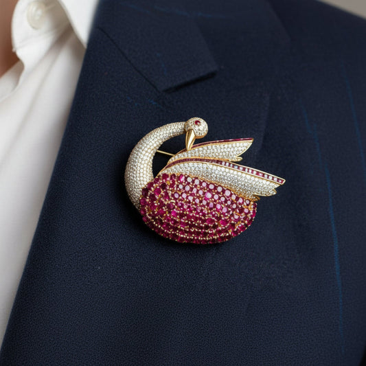 Modern 1980's 22.00cttw Ruby and 5.50 cttw Diamond 14Kt Yellow Gold Swan Pendant/Brooch