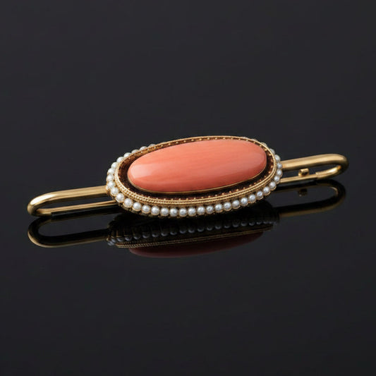 Victorian 1880 Natural Seed Pearls and Coral 14K Yellow Gold Brooch