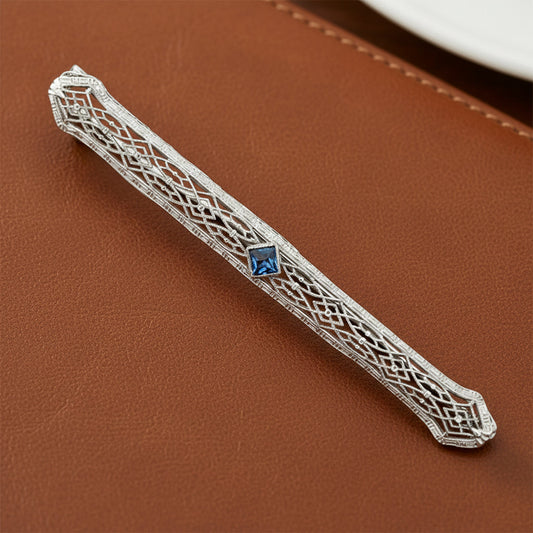 Art Deco 1920's Sapphire Filigree 14K White Gold Brooch