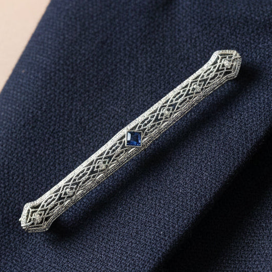 Art Deco 1920's Sapphire Filigree 14K White Gold Brooch