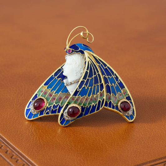 Modern 1990's 18kt Yellow Gold Plique-A-Jour Enamel, Garnet, diamond, Pink Sapphire, Cameo Pendant/Brooch