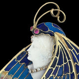 Modern 1990's 18kt Yellow Gold Plique-A-Jour Enamel, Garnet, diamond, Pink Sapphire, Cameo Pendant/Brooch