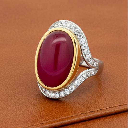 MidCentury Modern 27.36ct GIA Report No Heat Star Ruby and Diamond Platinum/18k Yellow Gold Ring