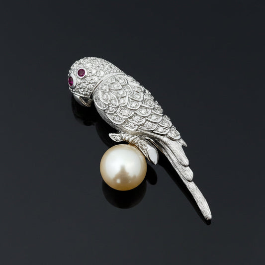Modern Estate Diamond and South Sea Peal, Ruby 18Kt White Gold Parrot Brooch
