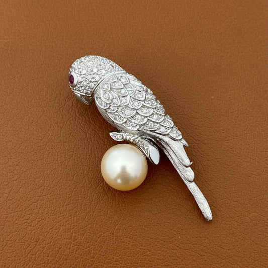 Modern Estate Diamond and South Sea Peal, Ruby 18Kt White Gold Parrot Brooch
