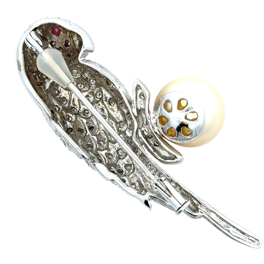 Modern Estate Diamond and South Sea Peal, Ruby 18Kt White Gold Parrot Brooch