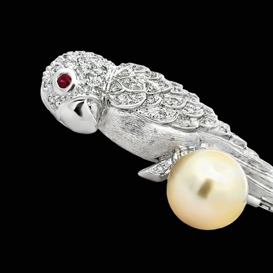 Modern Estate Diamond and South Sea Peal, Ruby 18Kt White Gold Parrot Brooch