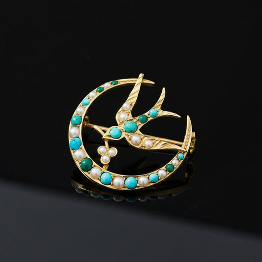 Victorian 14k Yellow Gold Crescent Moon & Swallow Brooch with Seed Pearls and Turquoise