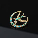 Victorian 14k Yellow Gold Crescent Moon & Swallow Brooch with Seed Pearls and Turquoise