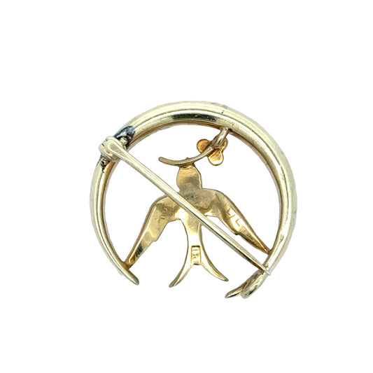 Victorian 14k Yellow Gold Crescent Moon & Swallow Brooch with Seed Pearls and Turquoise