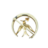 Victorian 14k Yellow Gold Crescent Moon & Swallow Brooch with Seed Pearls and Turquoise