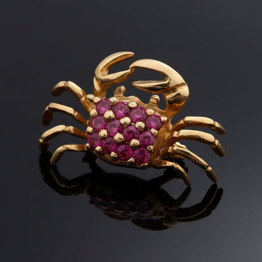 Modern Ruby Crab 14K Yellow Gold Brooch