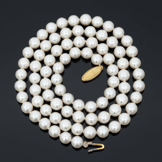 Modern 6.50 x 7.00 mm Japanese Akoya Cultured Pearls 24" 14kt Yellow Gold Necklace