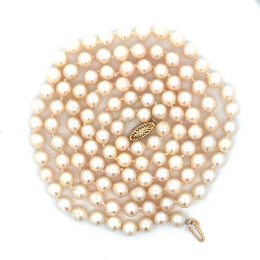 Modern 1990's Japanese Akoya Cultured Pearls 36" 14kt Yellow Gold Necklace