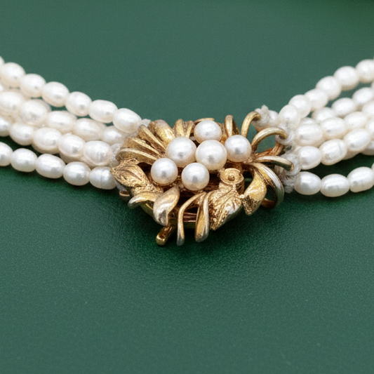 Modern Multi Strand Cultured & Freshwater Pearls 14kt Yellow Gold Necklace