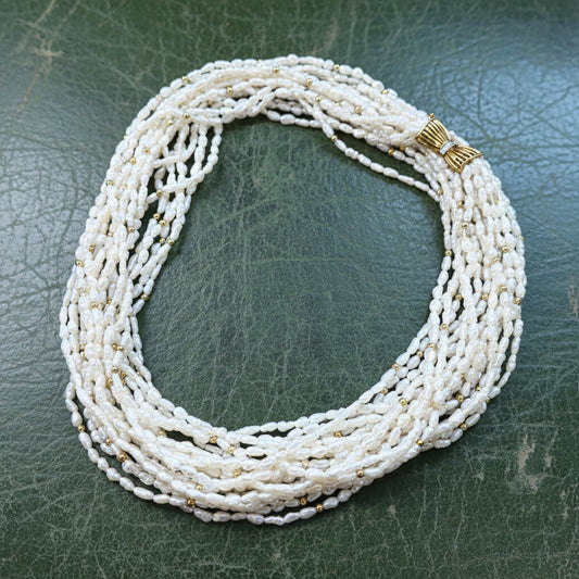 Modern Multi Strand Freshwater Pearl and Diamond 14kt Yellow & White Gold Necklace