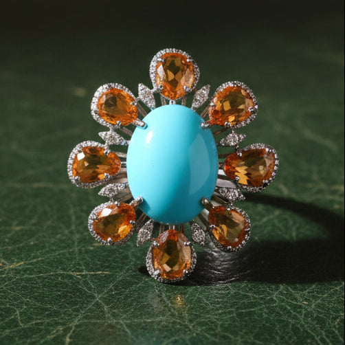 Modern Orange Sapphire Diamond, Turquoise 18kt White Gold Ring
