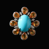 Modern Orange Sapphire Diamond, Turquoise 18kt White Gold Ring
