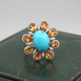 Modern Orange Sapphire Diamond, Turquoise 18kt White Gold Ring