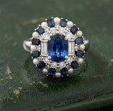 Modern Designer Fine 2.59cttw Sapphire, Diamond, Pearl 18Kt White Gold Ring