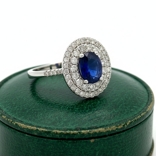 Modern Fine Sapphire and Diamond 14Kt White Gold Ring