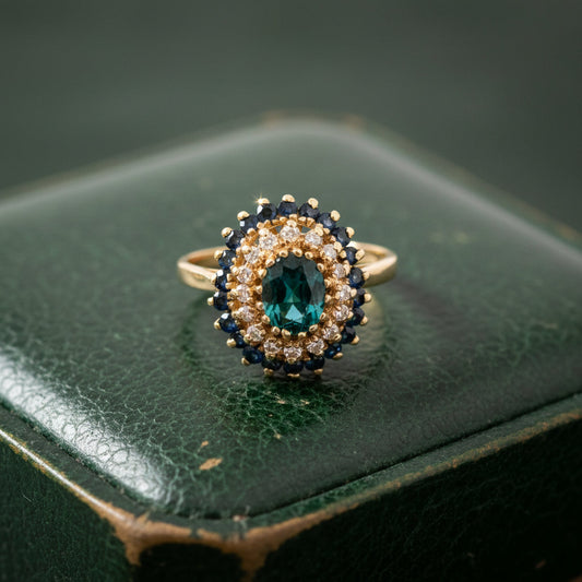 Modern 1990's Sapphire and Diamond 14K Yellow Gold Ring
